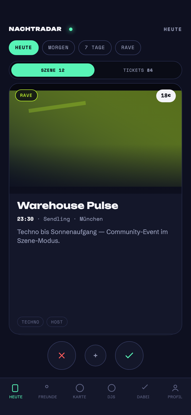 Nachtradar Deck — Event-Swipe